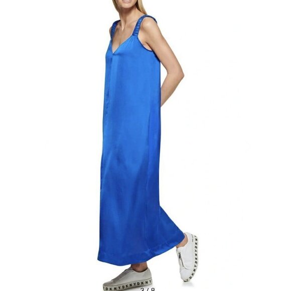 NWT DKNY Silky Satin Maxi Dress SMALL blue Sleeveless V-Neck soft - Picture 2 of 14